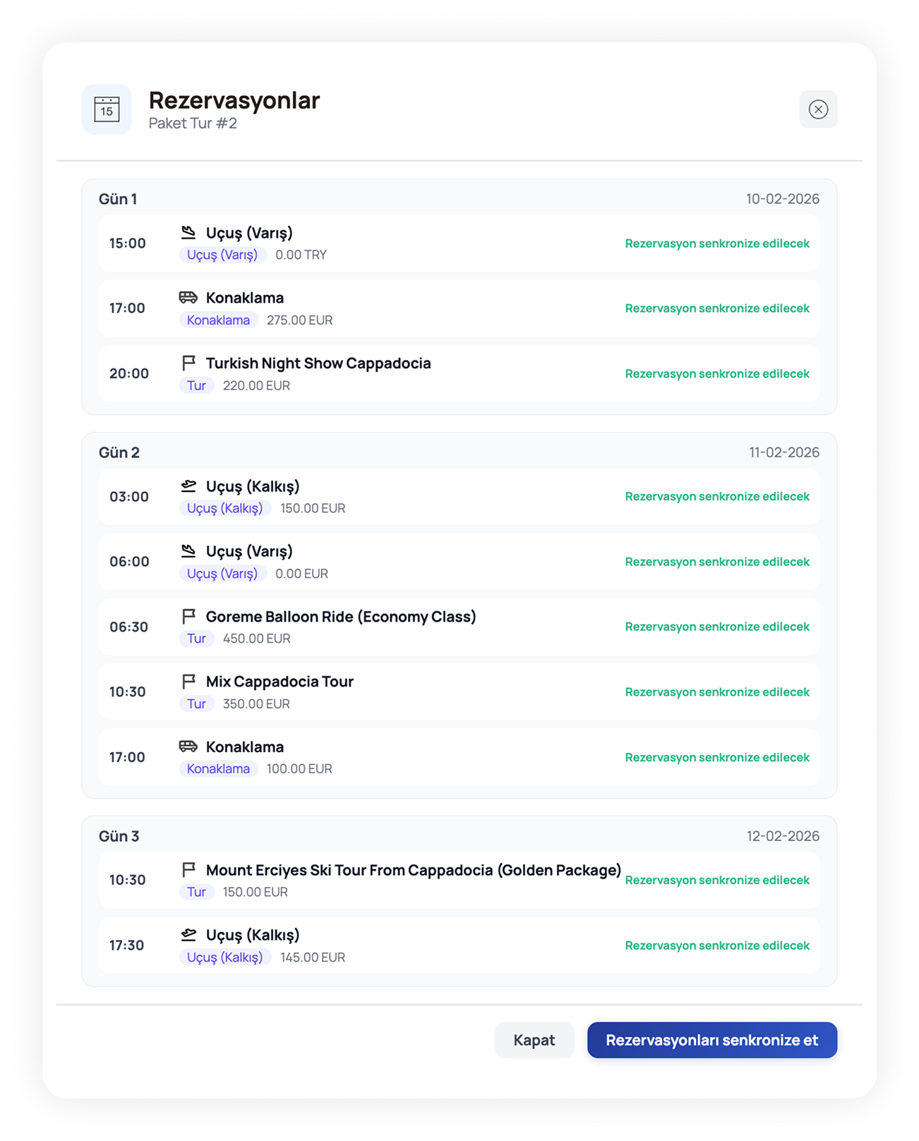 Paket turlarınızı münferit rezervasyon olarak takip edin